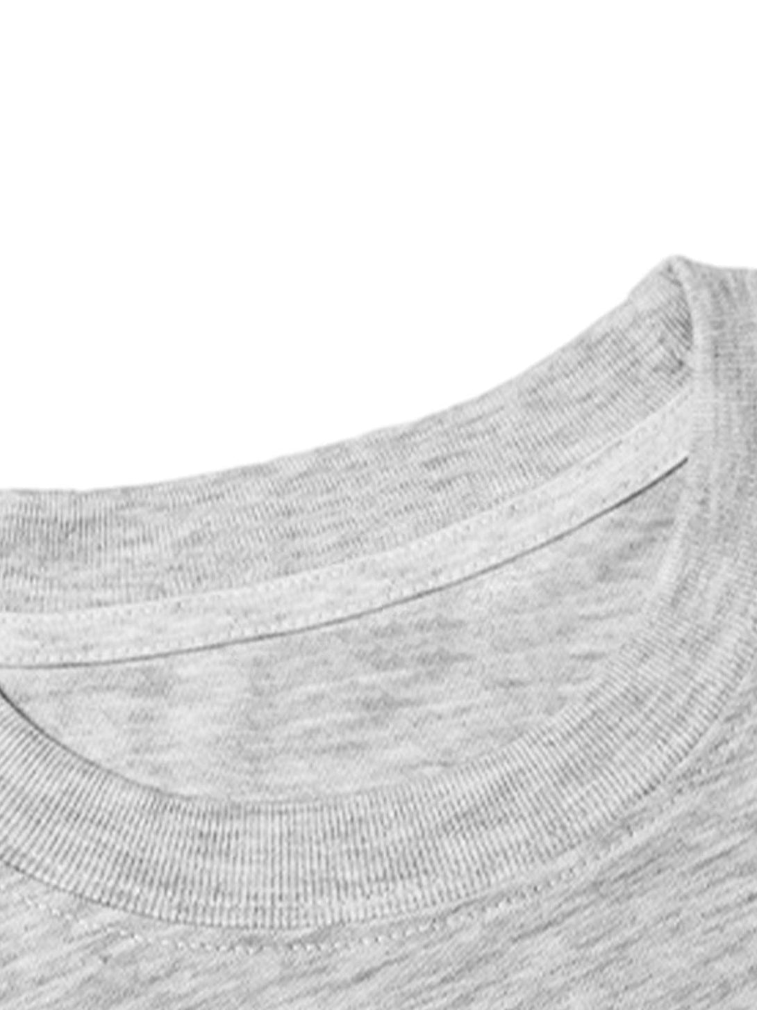 Intricate look at the neckline and texture of a gray T-shirt by TALISHKO.