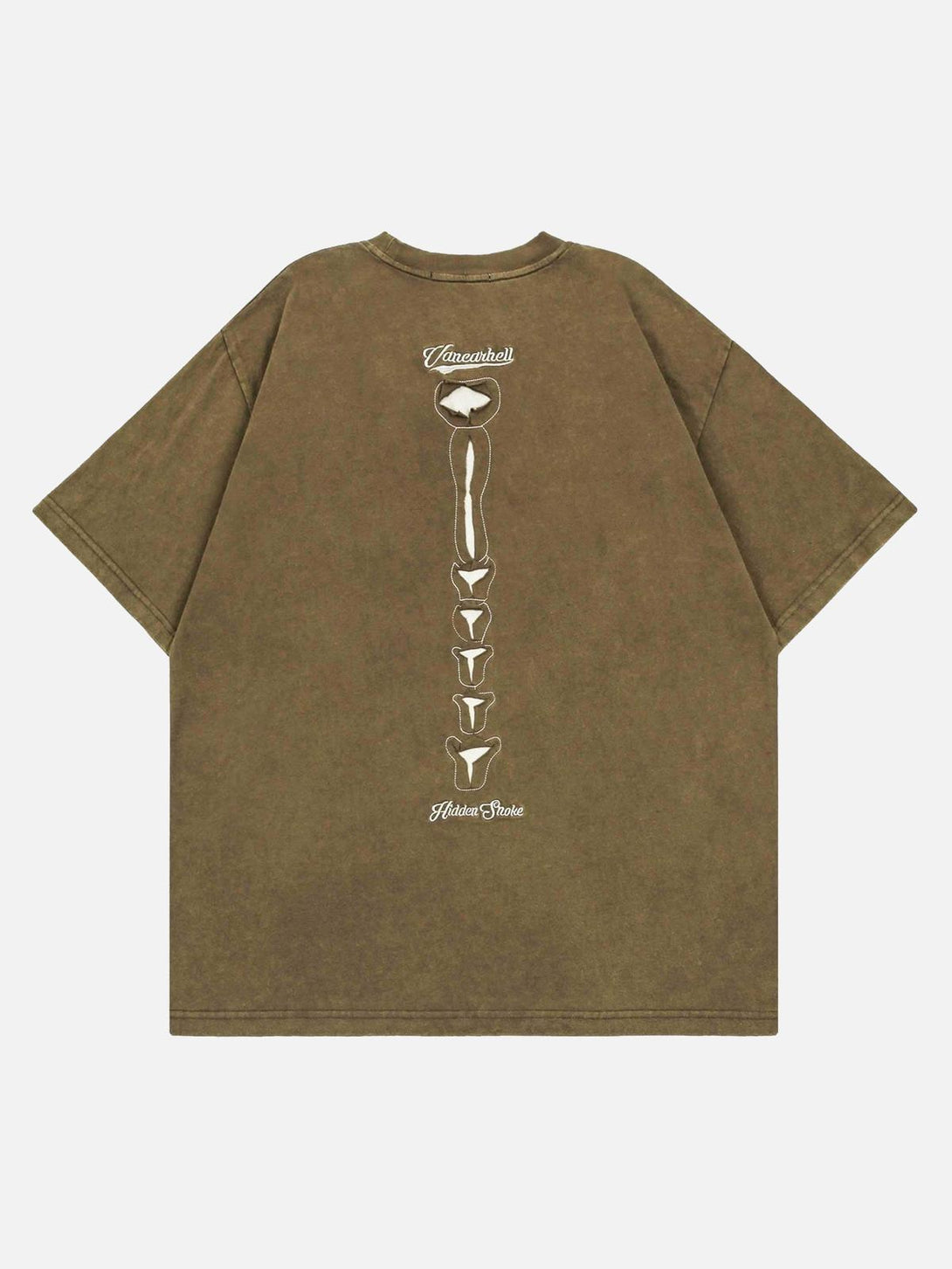 Back view of TALISHKO brown washed short-sleeved T-shirt with a unique bone design.