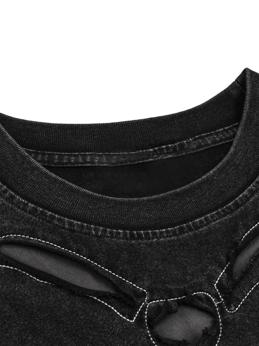 Intricate neckline detail of TALISHKO's dark washed T-shirt, highlighting unique cutouts.