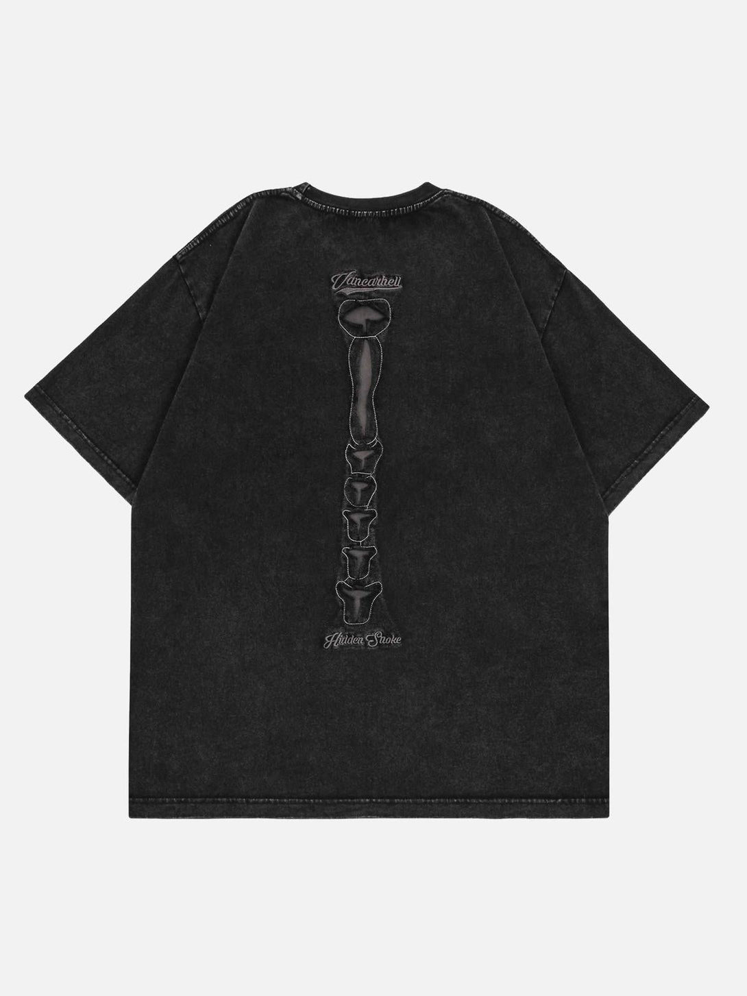 Back view of TALISHKO dark washed T-shirt featuring an intricate bone design for casual flair.