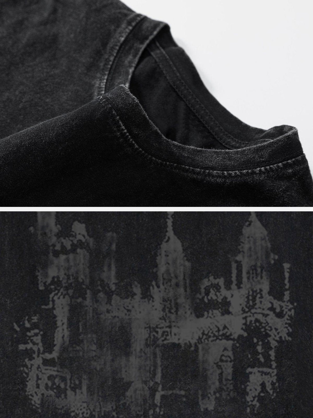 Intricate look at the washed fabric and castle graphic on a TALISHKO tee, perfect for casual wear.
