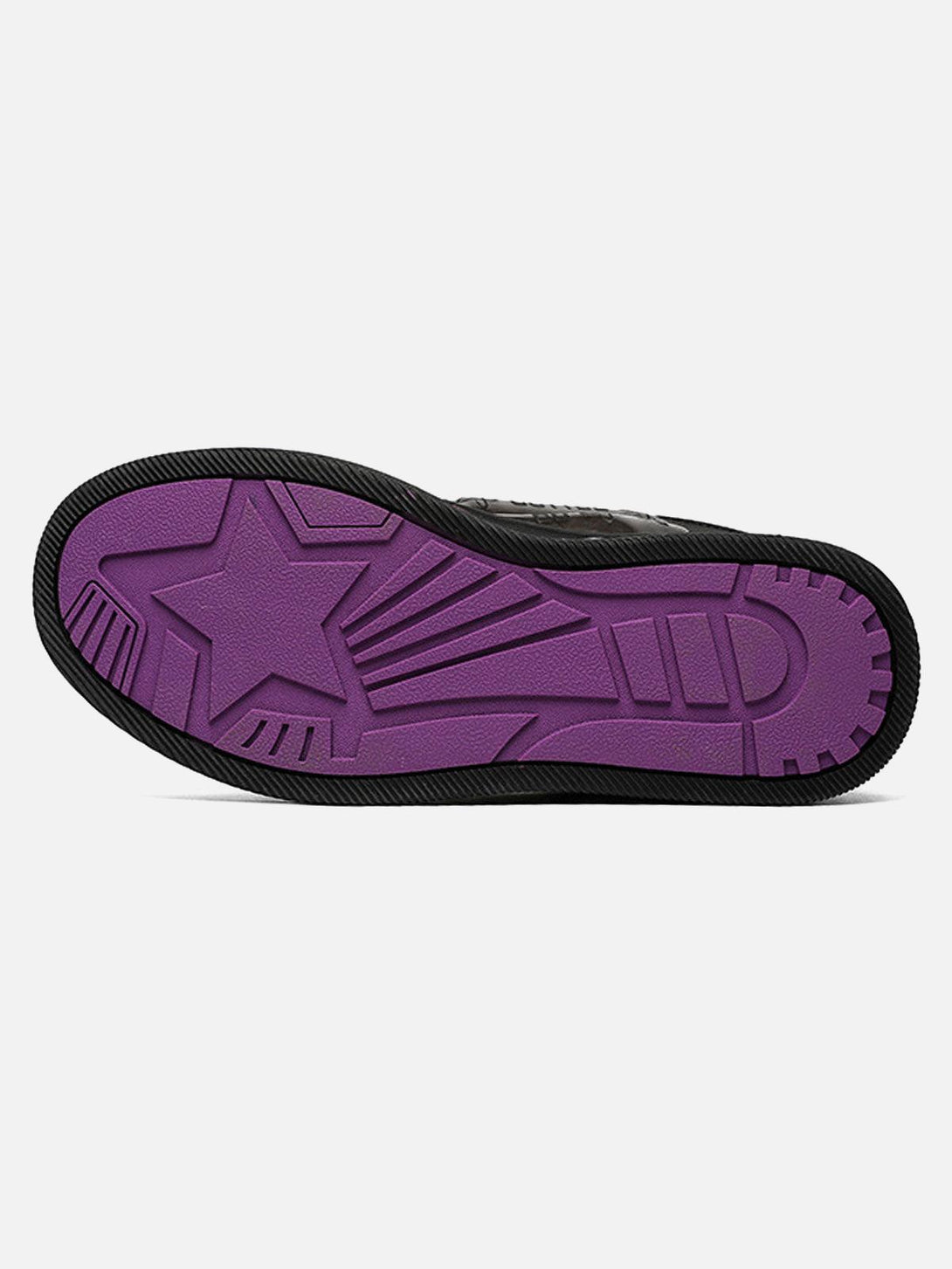 Purple sole detail of TALISHKO skate shoes, featuring a unique star and gear pattern design.