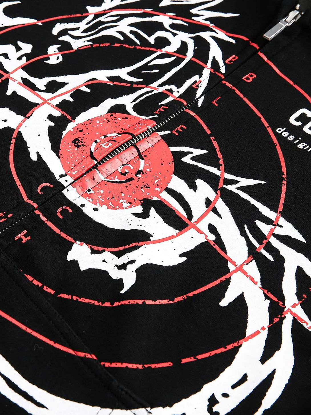 Texture and pattern showcased on the TALISHKO hoodie, featuring a bold dragon print.