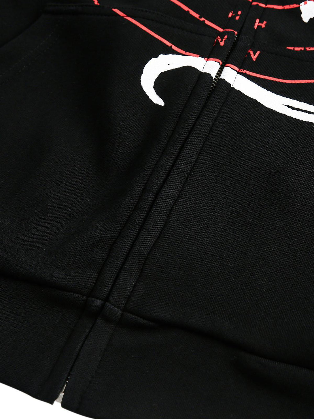 Intricate look at the TALISHKO hoodie, focusing on the zipper and bold print details.