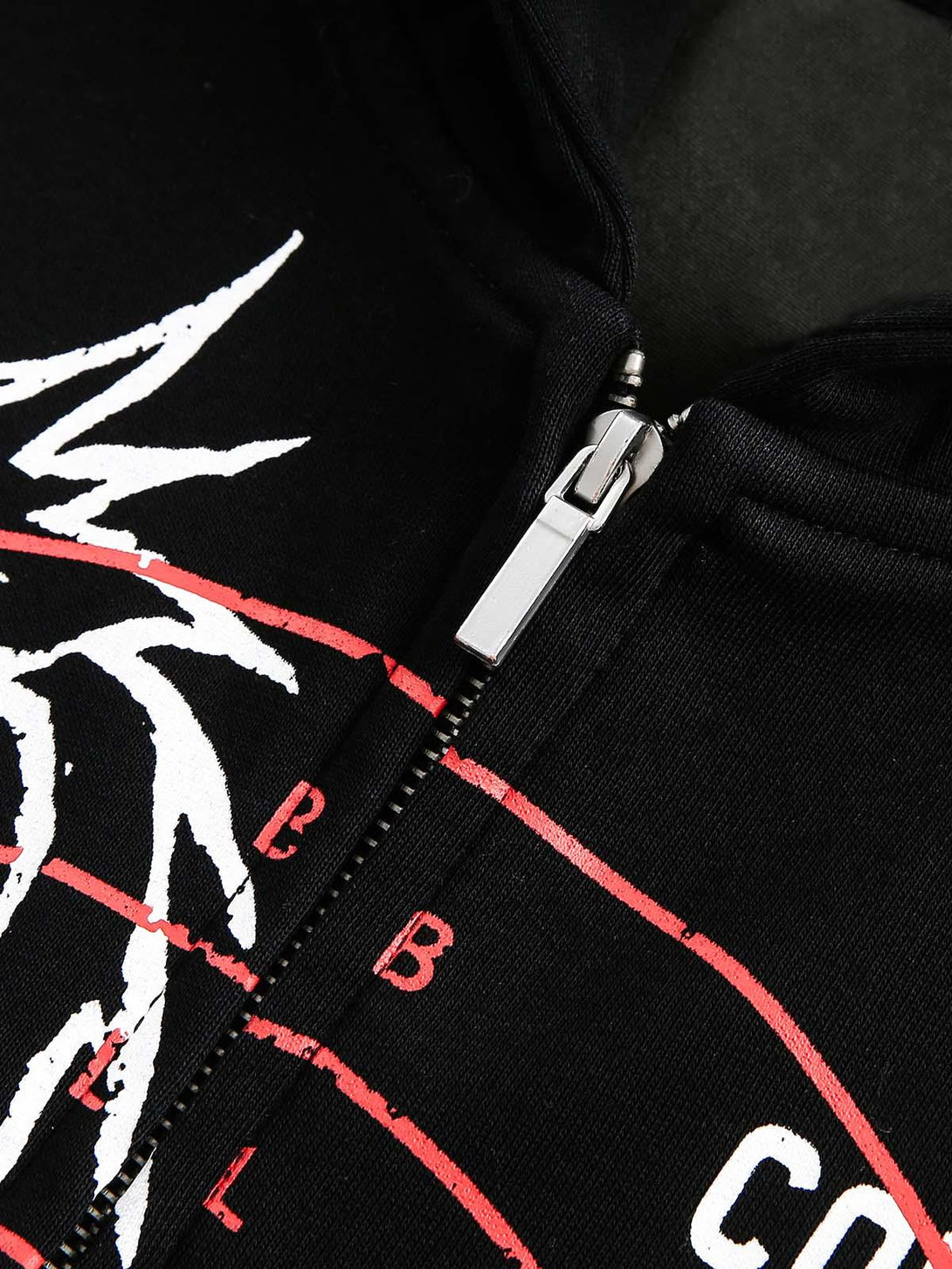 Intricate look at the TALISHKO hoodie zipper and print detail, emphasizing its edgy design.