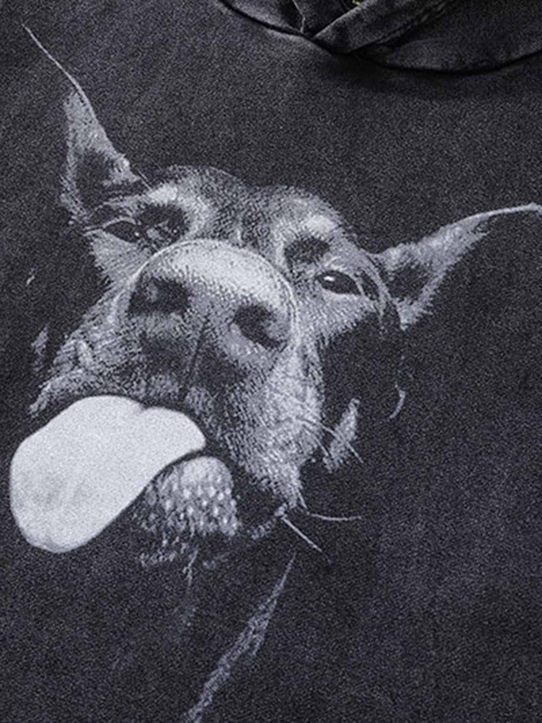 A detailed view of the Doberman print on a TALISHKO hoodie, highlighting its bold hip-hop style.