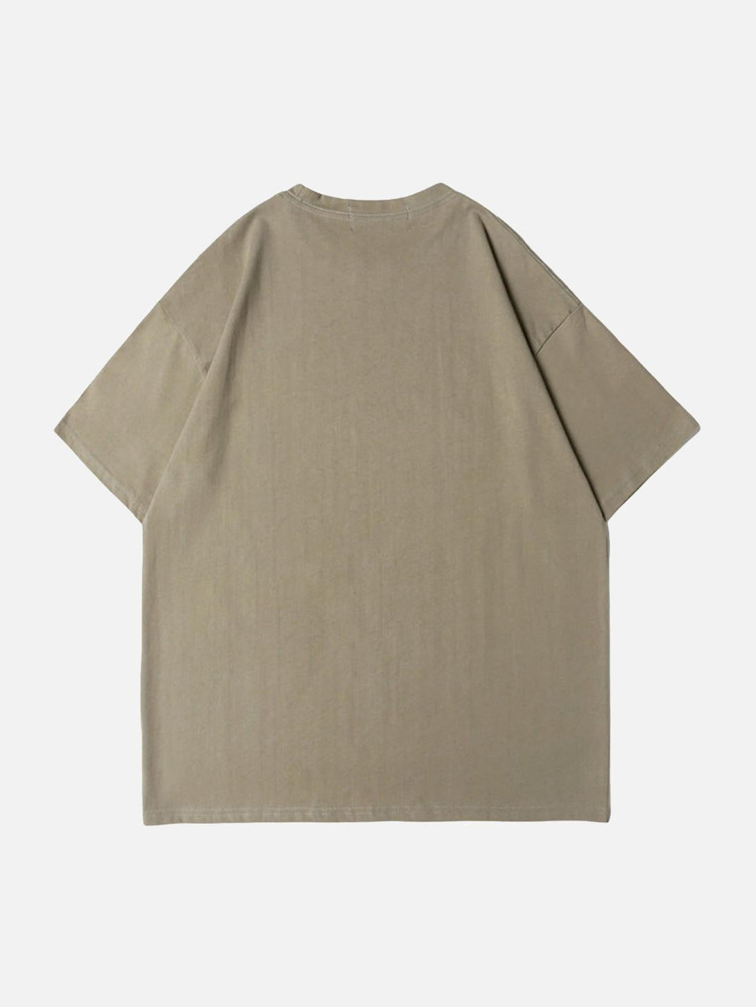 Back view of khaki T-shirt by TALISHKO, highlighting minimalist design and relaxed fit.