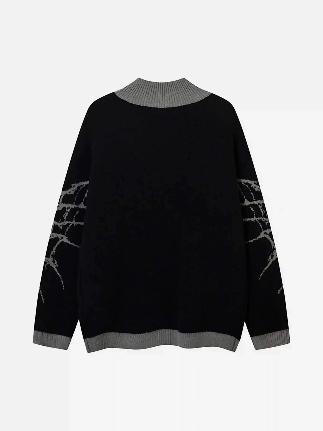 Back view of black cardigan with spider web sleeves and gray accents by TALISHKO.