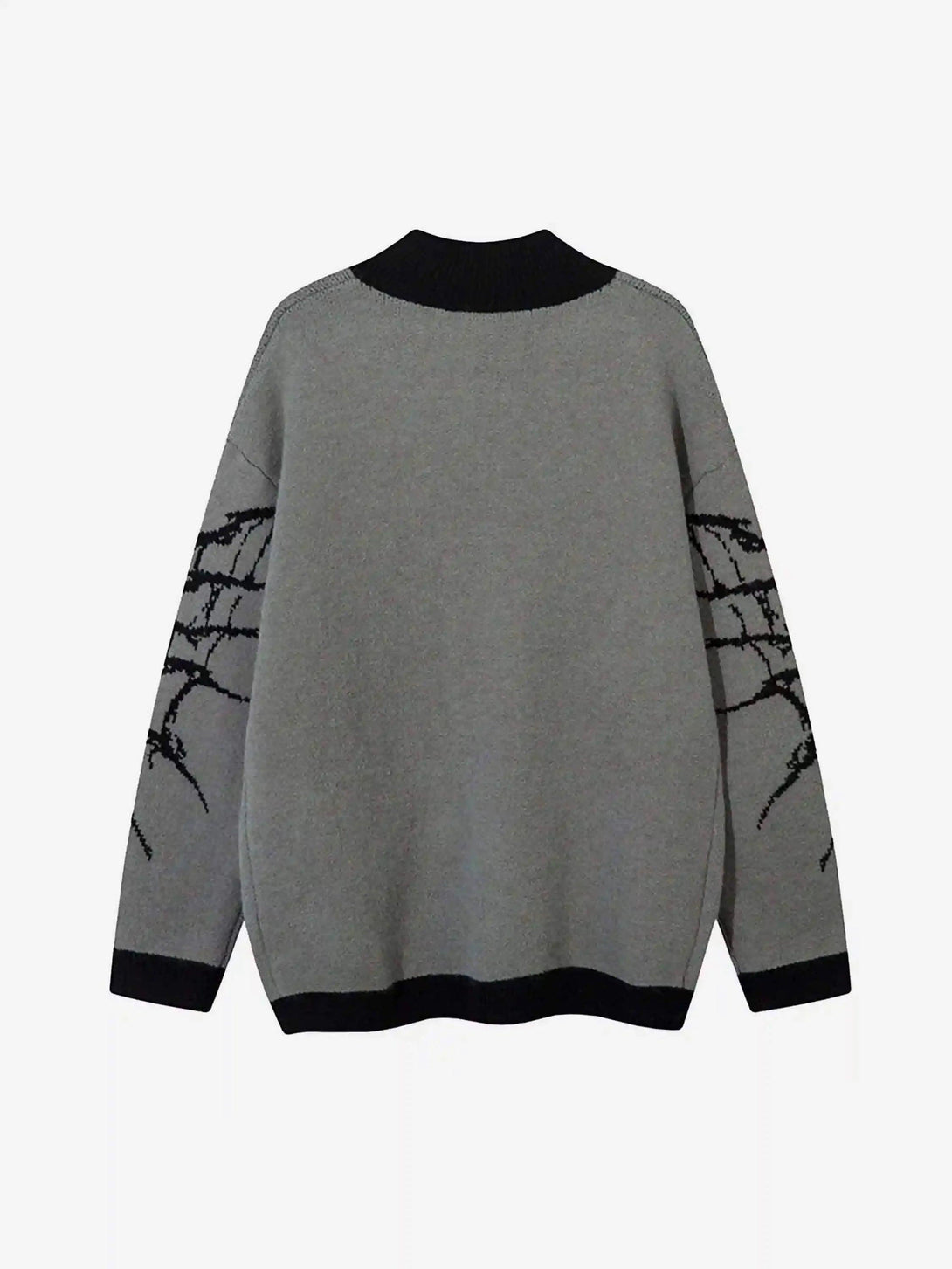 Back view of gray cardigan with spider web sleeve design, featuring black accents by TALISHKO.