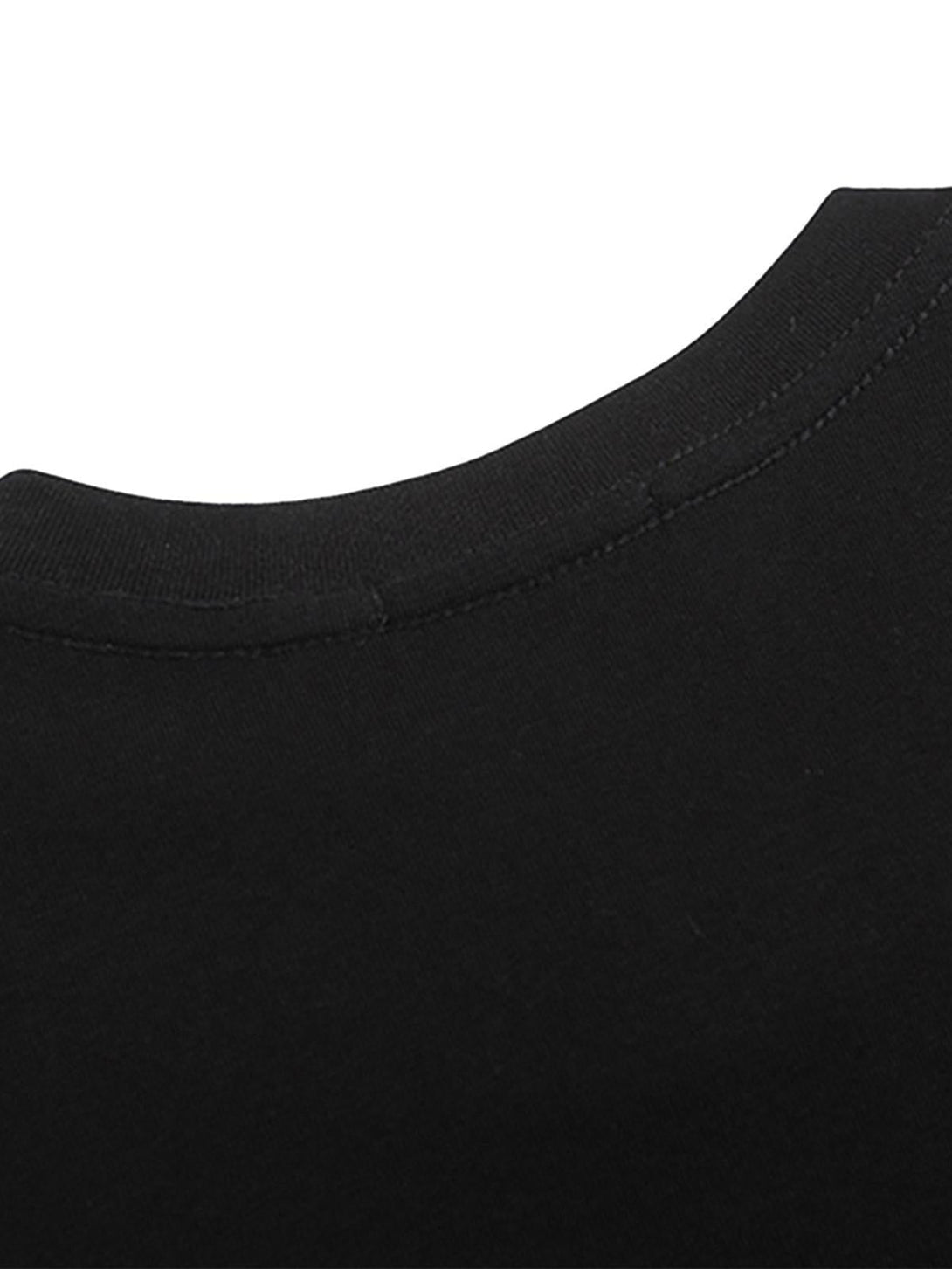 Detailed fabric and stitching on the collar of a TALISHKO street rap T-shirt in black.