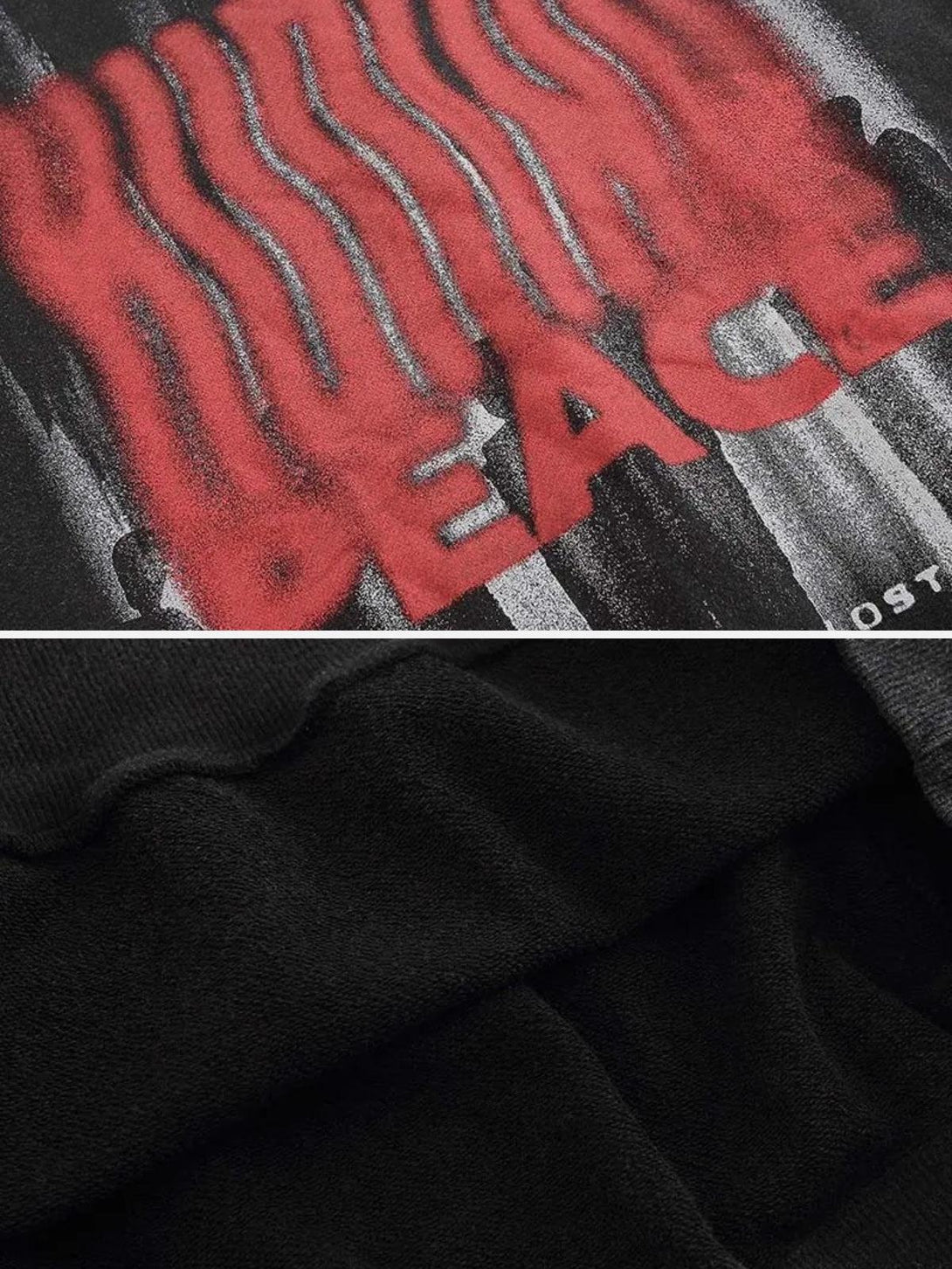 A close-up of TALISHKO hoodie texture and bold red graphic design, enhancing urban aesthetics.