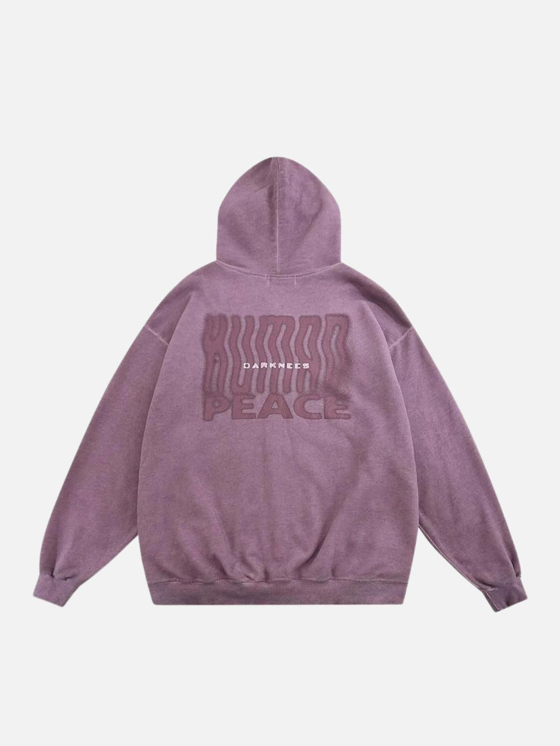 Back view of TALISHKO purple hoodie with "Peace" text, offering a relaxed streetwear look.