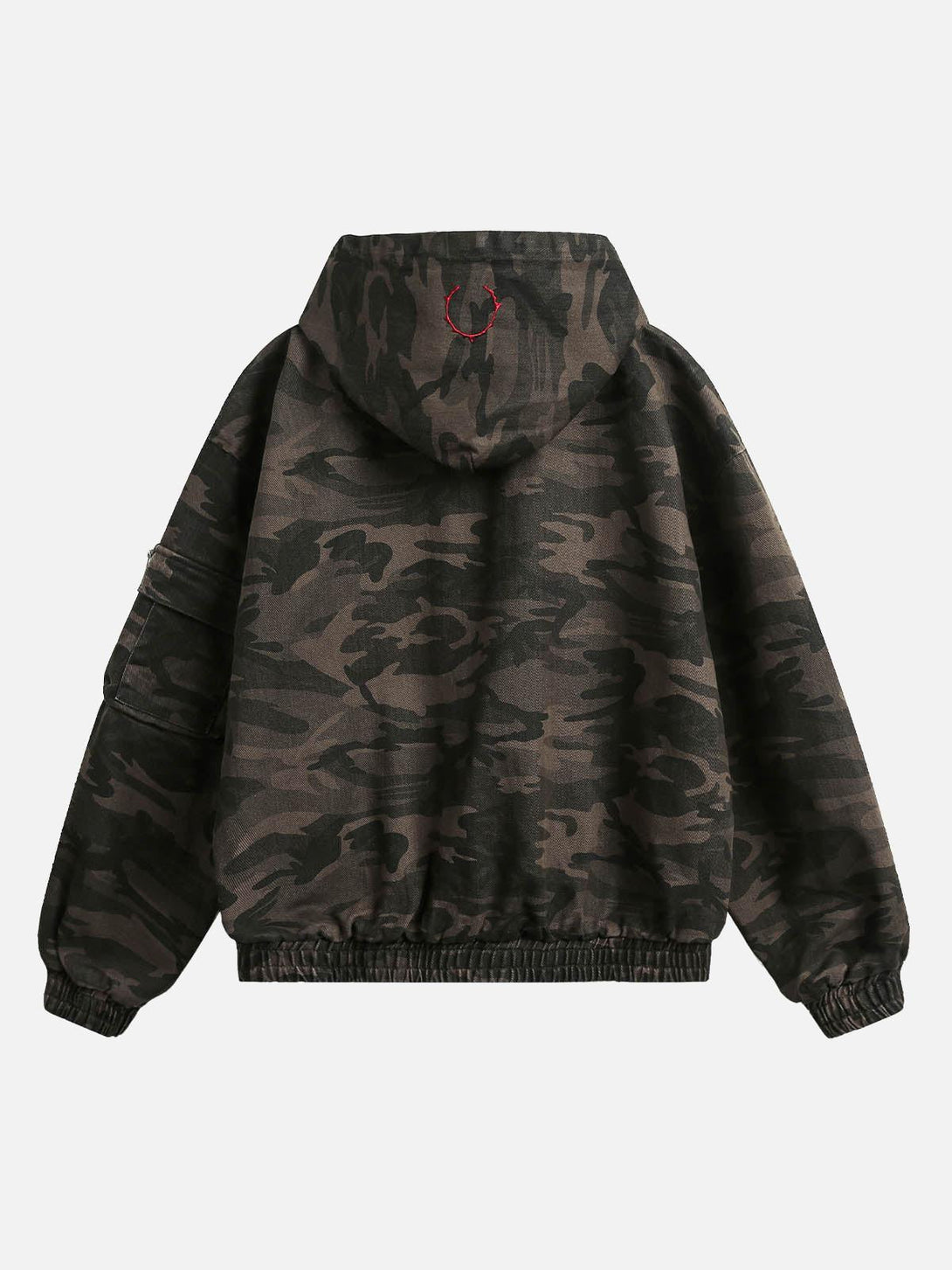 Back view of TALISHKO's deconstructed camouflage hooded jacket, highlighting its unique style.