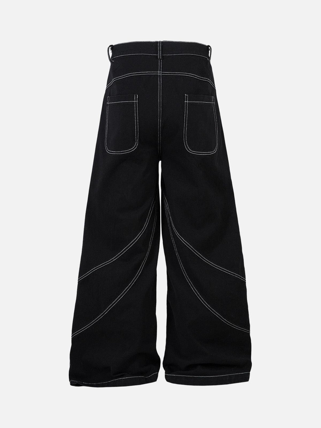 Back view of TALISHKO's deconstructed baggy jeans with unique contrast stitching detail.