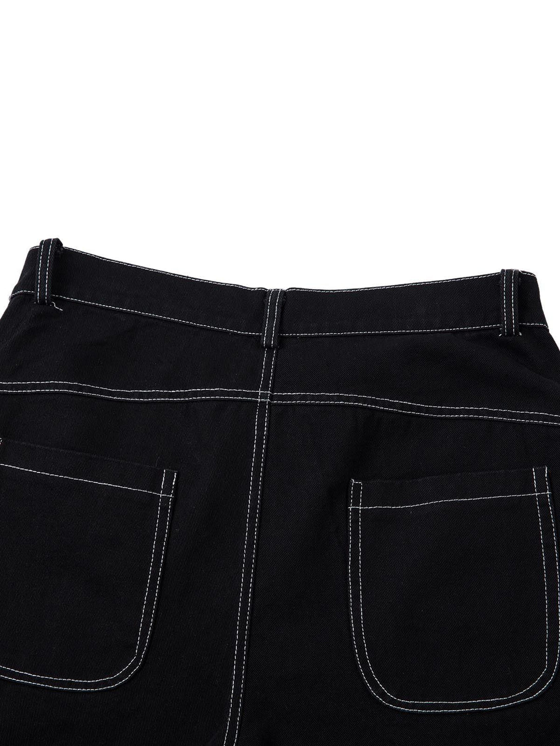 Back view of TALISHKO's baggy jeans emphasizing bold contrast stitching on pockets.