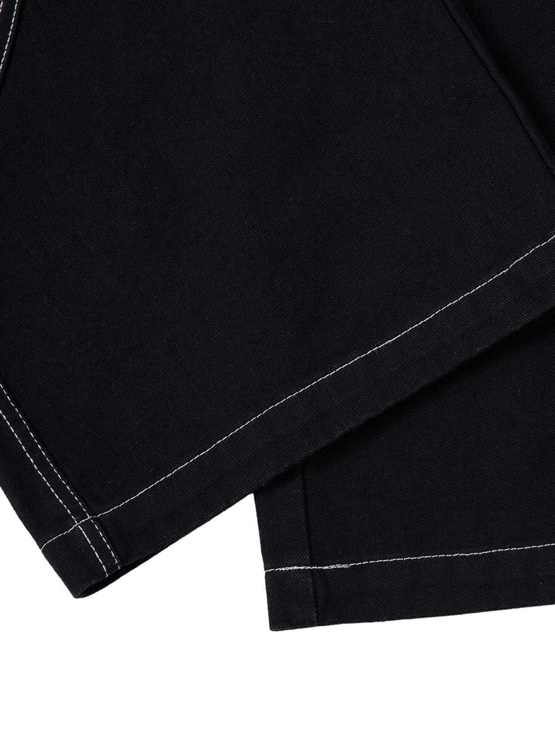Intricate look at TALISHKO's baggy jeans, showcasing bold contrast stitching details.