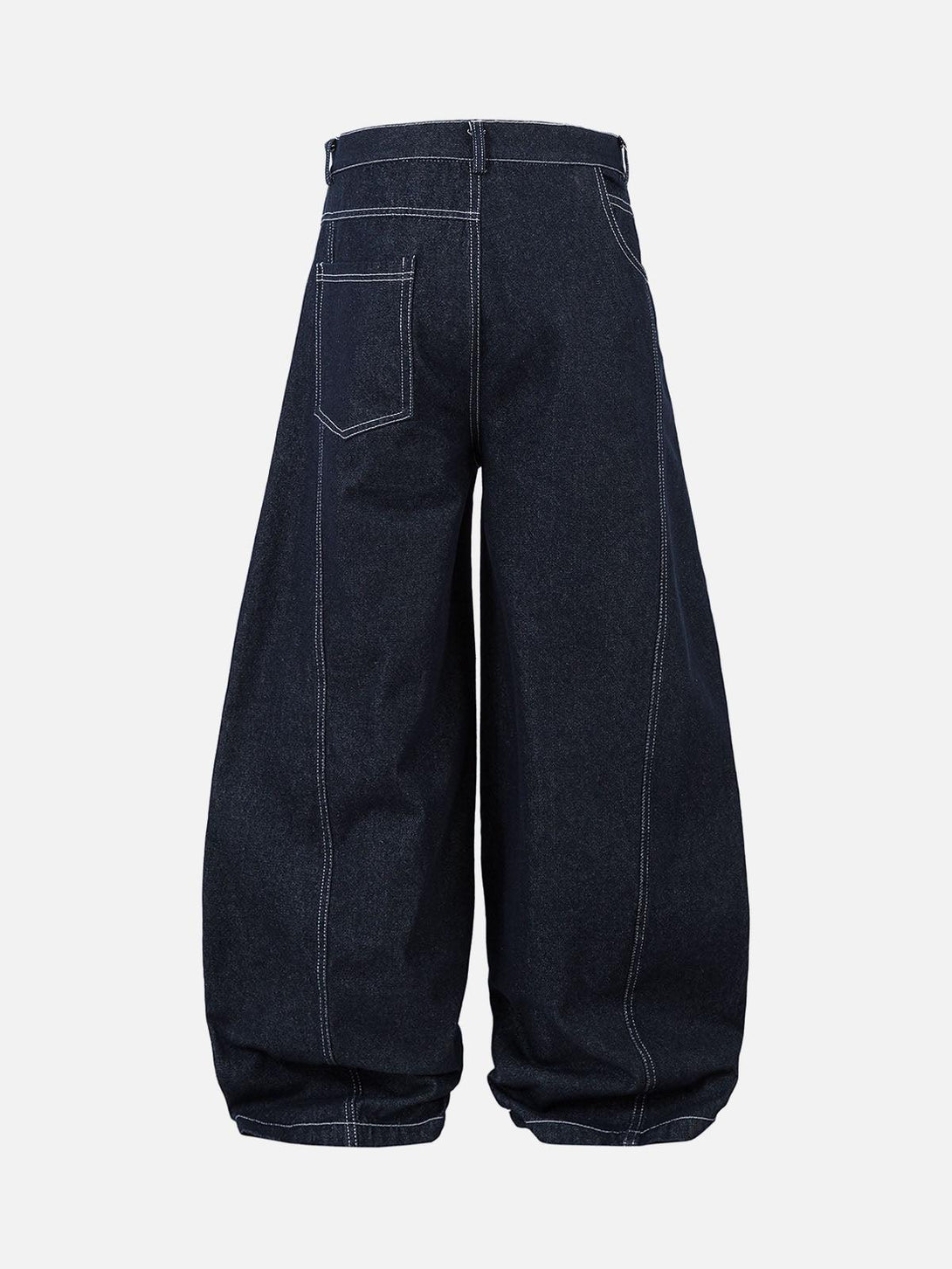 Back view of TALISHKO barrel jeans with contrast stitching, highlighting the deconstructed design.