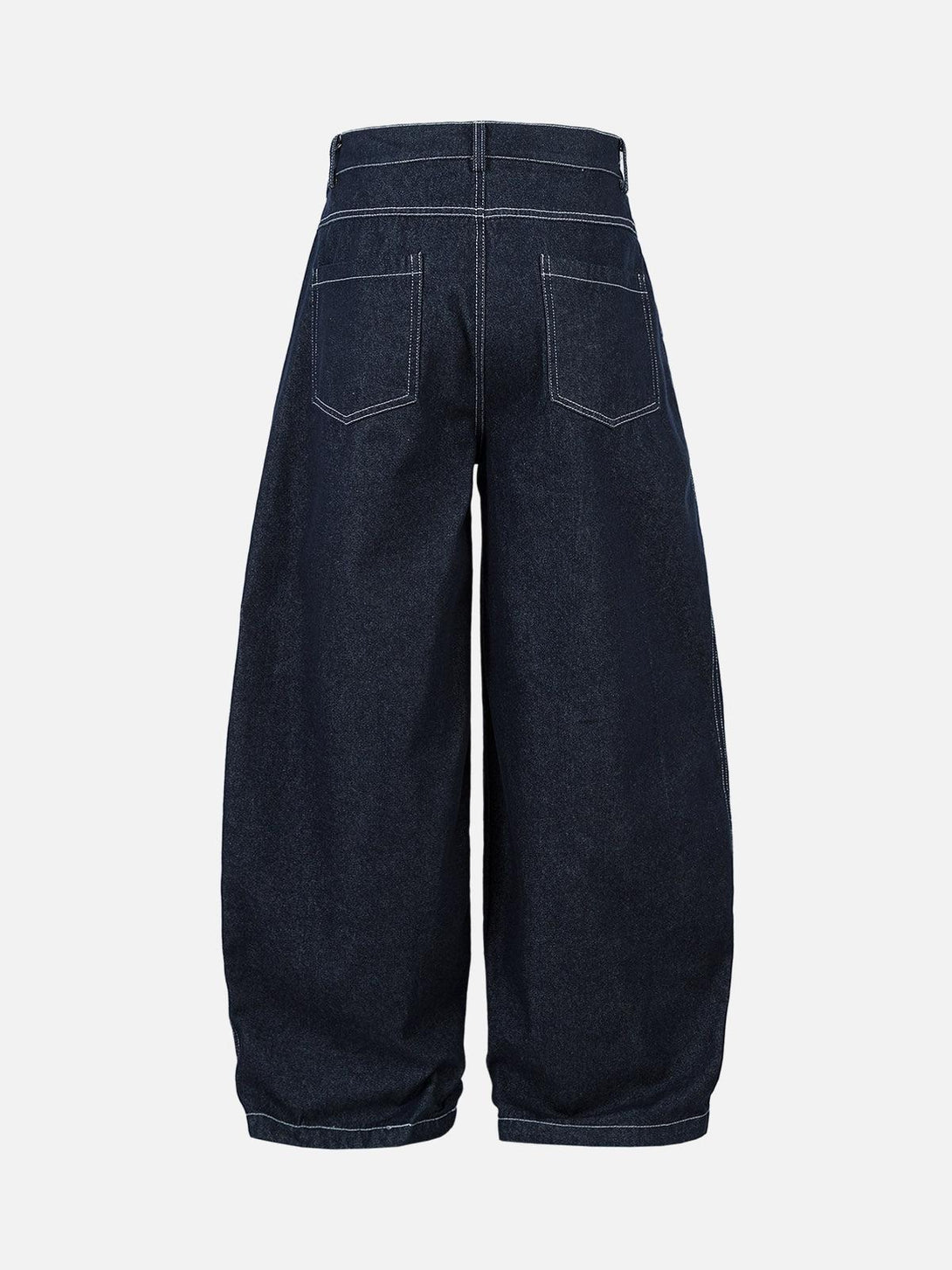Back view of TALISHKO pleated baggy barrel jeans featuring contrast stitching detail.