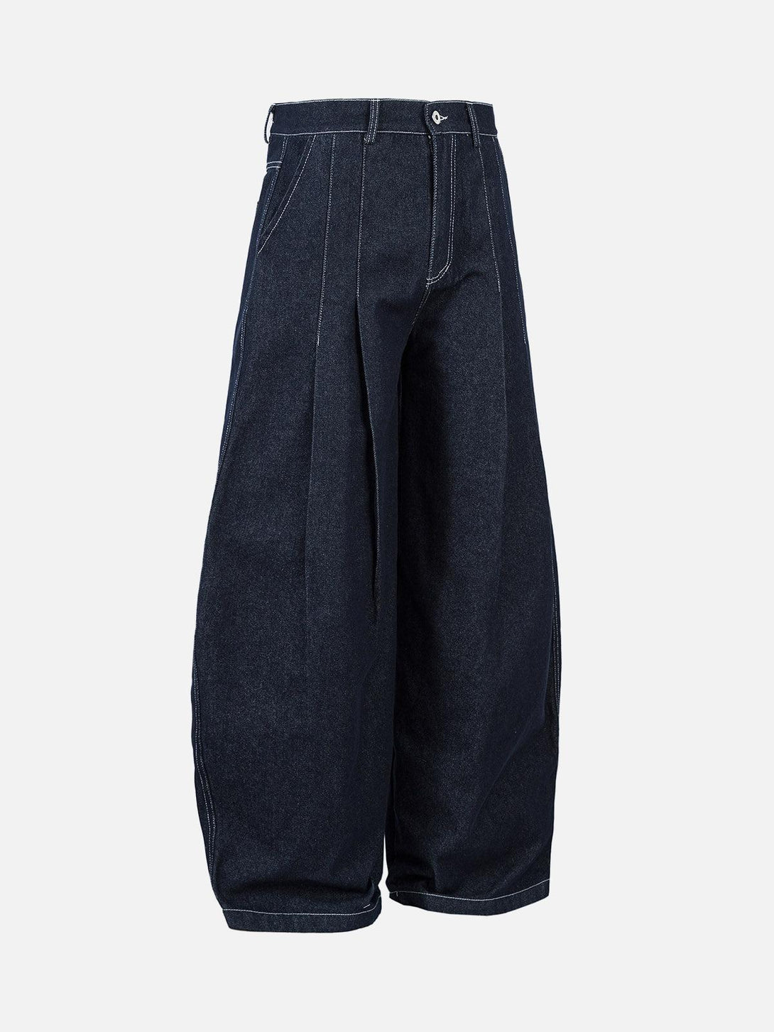 Side view of TALISHKO baggy barrel jeans highlighting pleated design and contrast stitching.