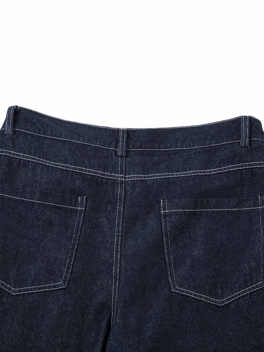 Back view of TALISHKO jeans with contrast stitching and spacious pockets, offering casual style.