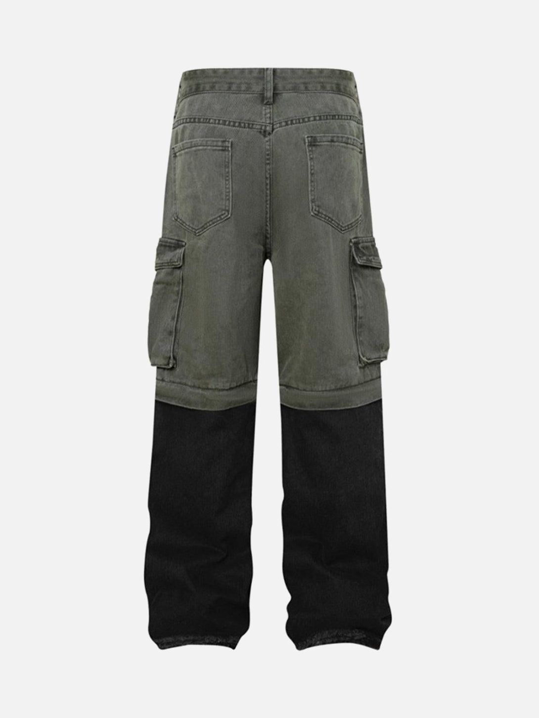 Back view of TALISHKO cargo jeans in gray and black, showcasing a deconstructed, detachable split design.
