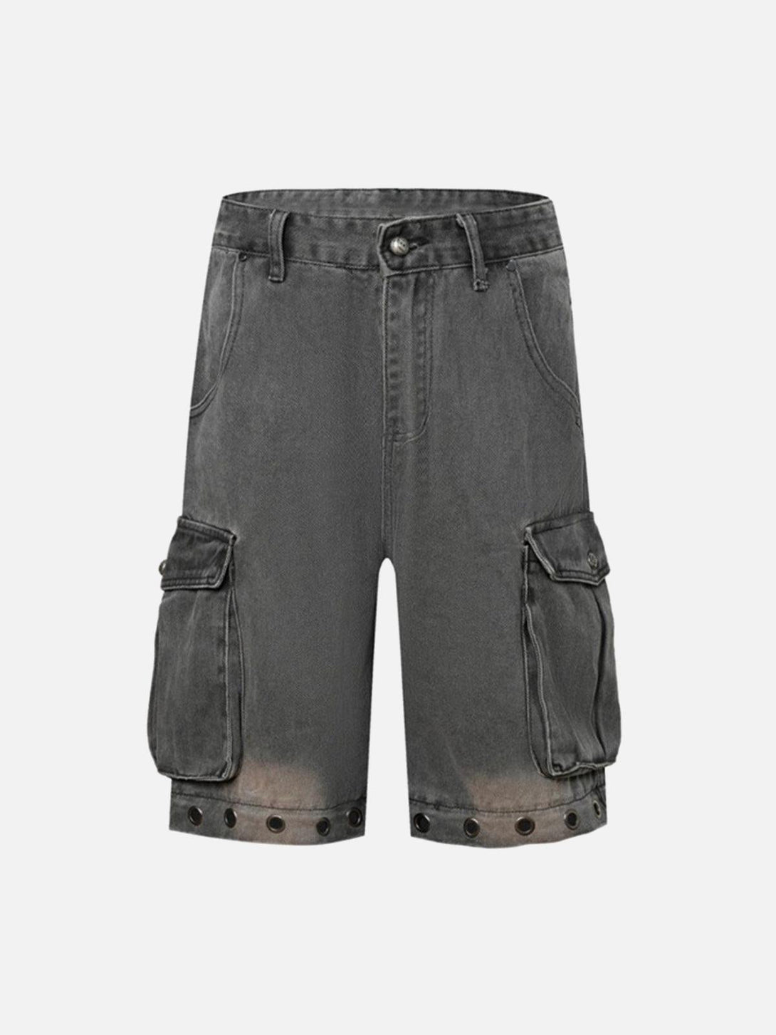 TALISHKO gray cargo shorts with deconstructed design, detachable sections, and eyelet details.