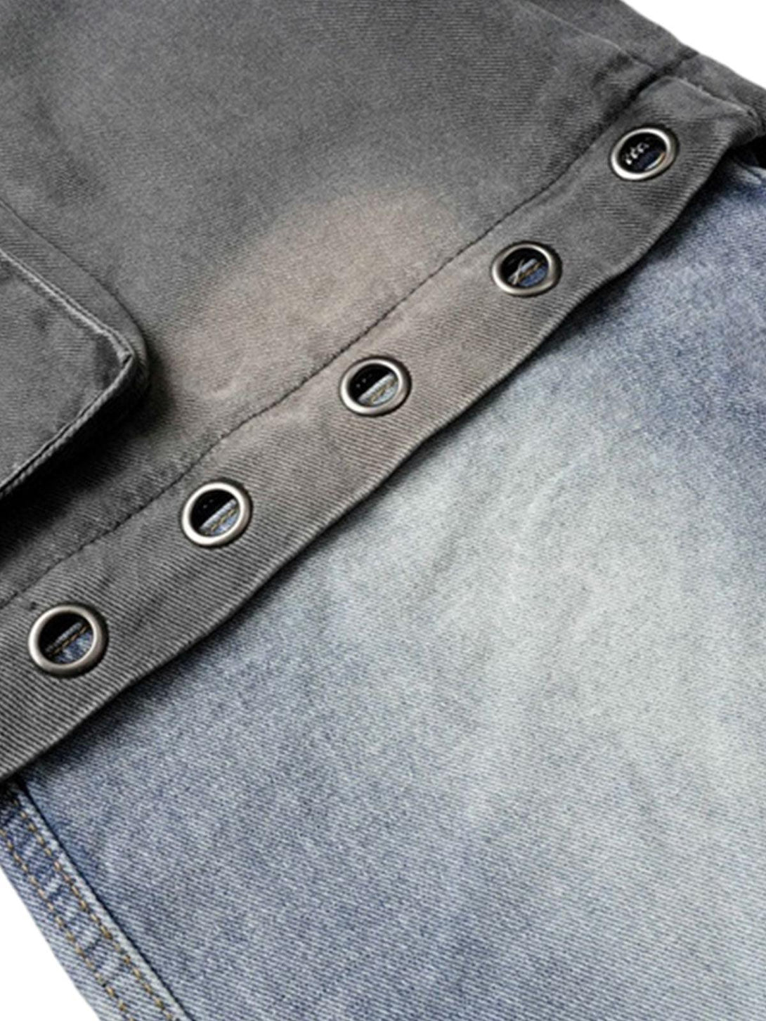 TALISHKO jeans detail highlighting eyelets and fabric texture in a deconstructed style.