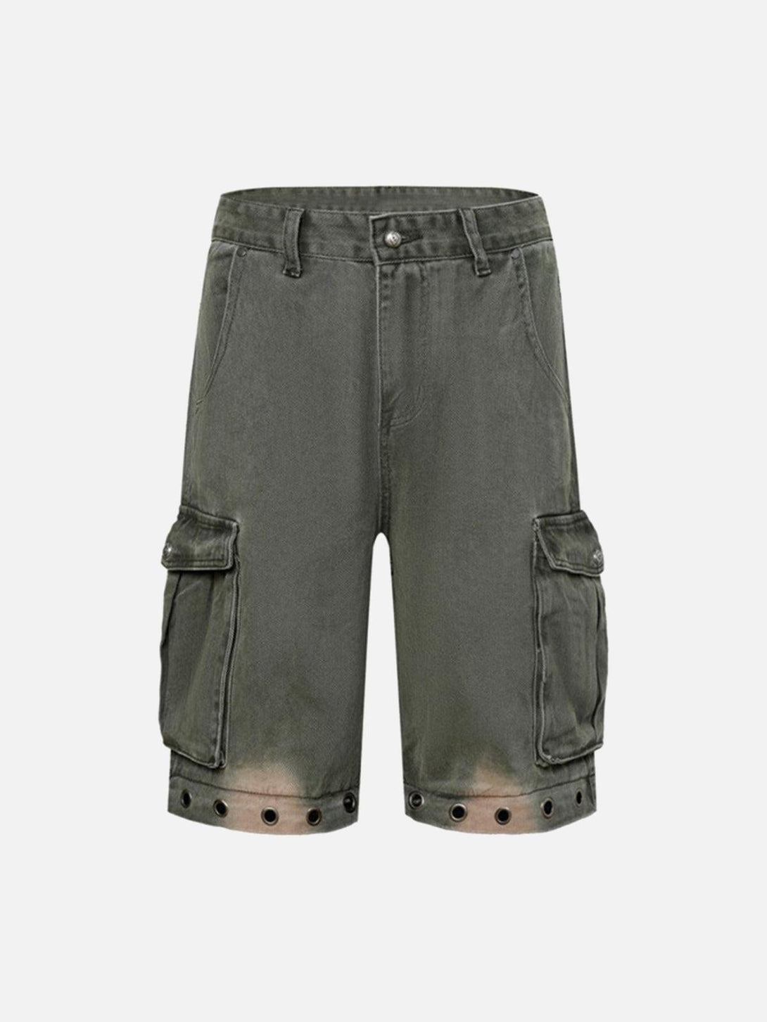 Front view of TALISHKO deconstructed cargo shorts in gray with detachable details and eyelets.