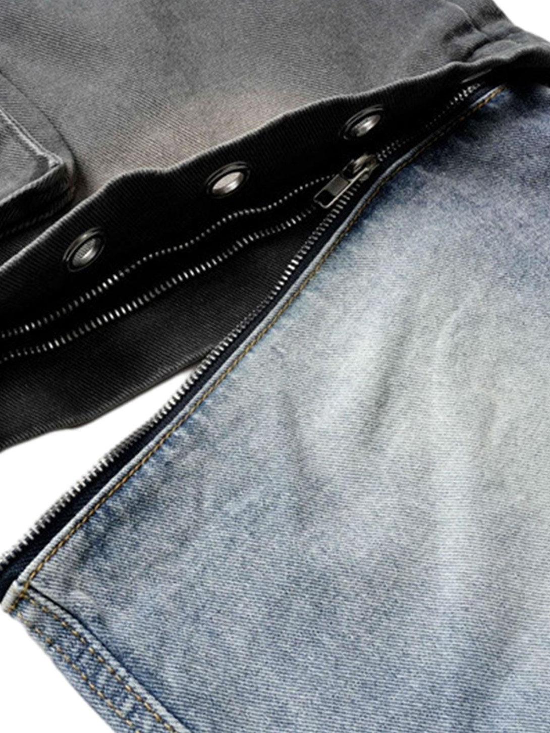 Detailed fabric and stitching of TALISHKO deconstructed cargo jeans with detachable design.