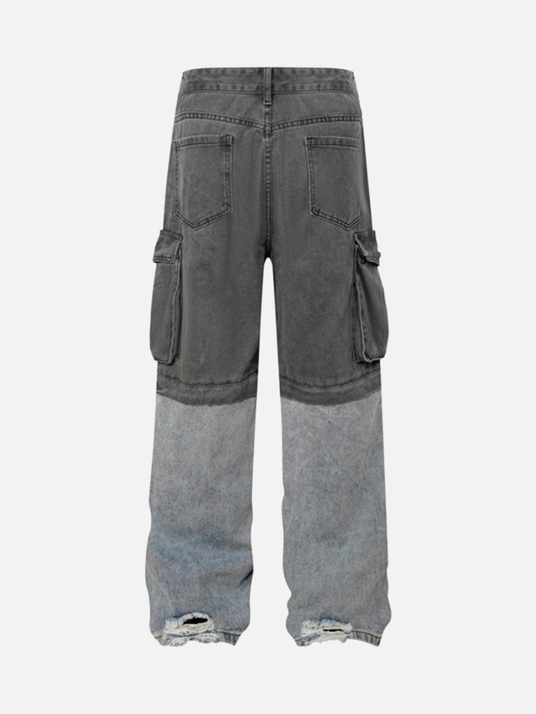 Back view of TALISHKO deconstructed cargo jeans in gray, featuring detachable split design.