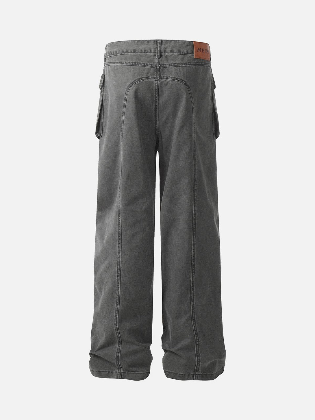 Rear view of dark gray deconstructed cargo pants with multi-pocket design by TALISHKO.