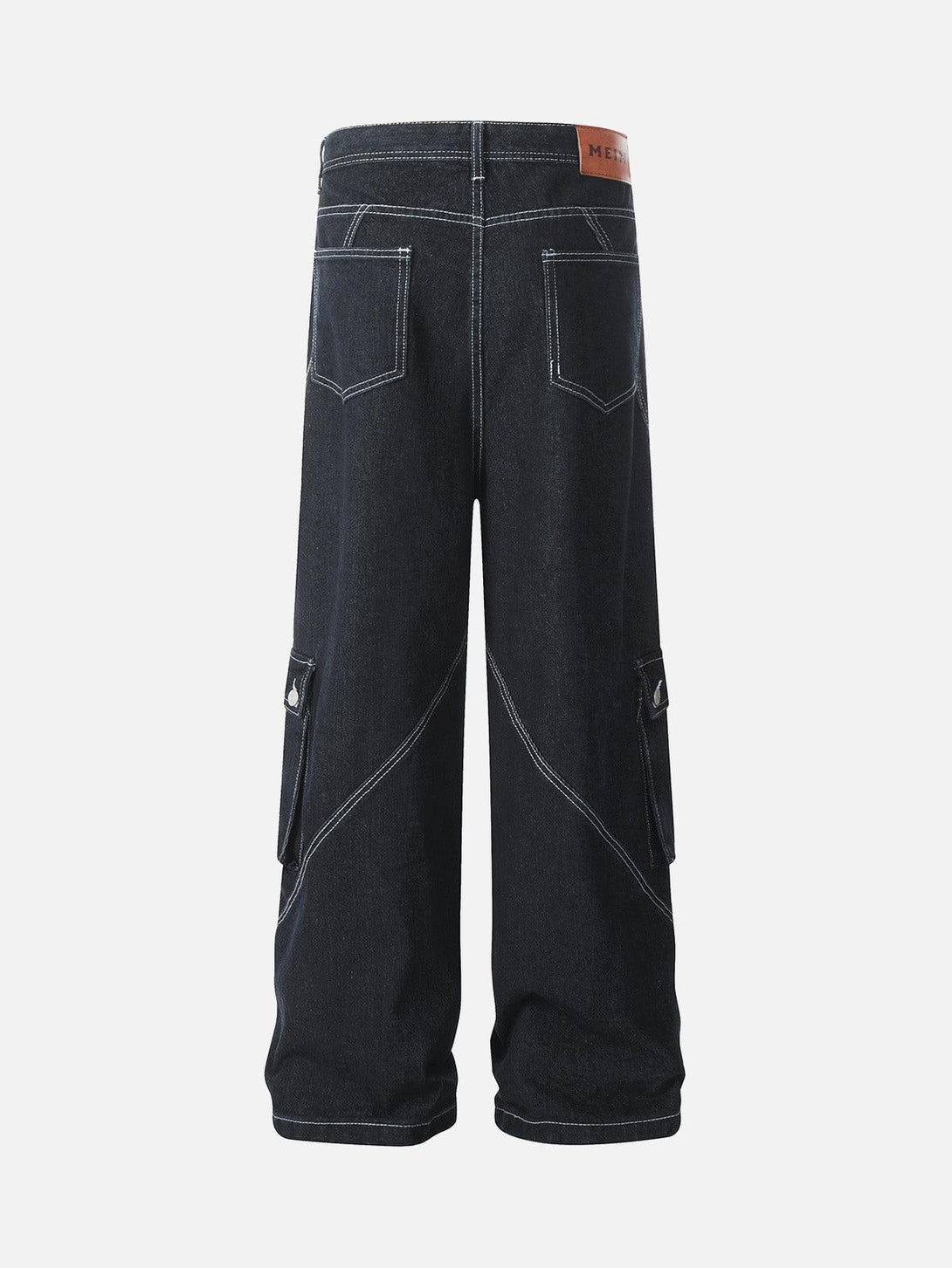Back view of TALISHKO deconstructed cargo jeans, showcasing multi-pocket design and stitching.