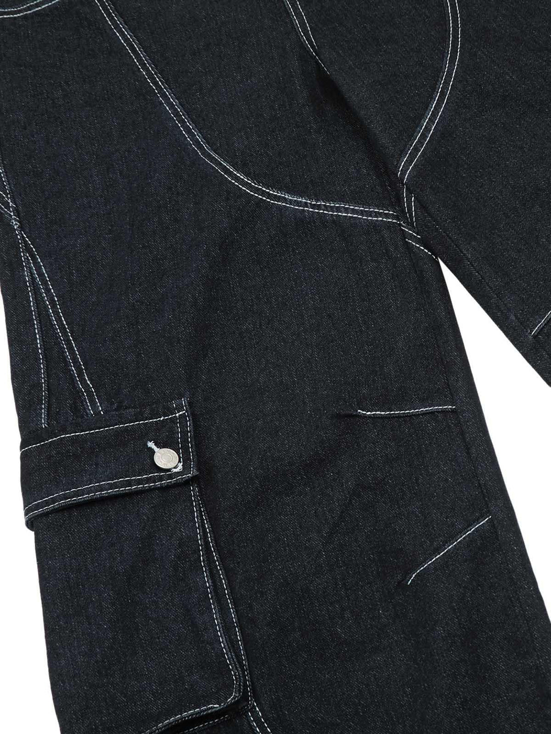A detailed view of TALISHKO cargo jeans, showcasing intricate stitching and pocket design.