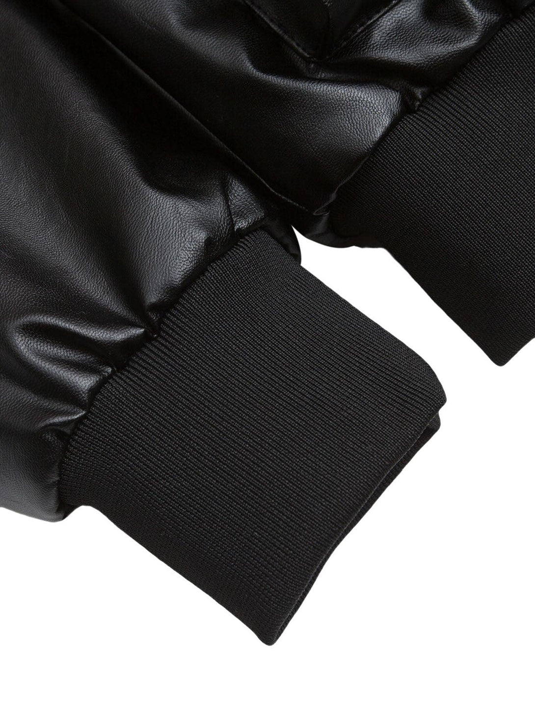 Detailed view of TALISHKO jacket's ribbed cuffs and smooth black PU leather texture.