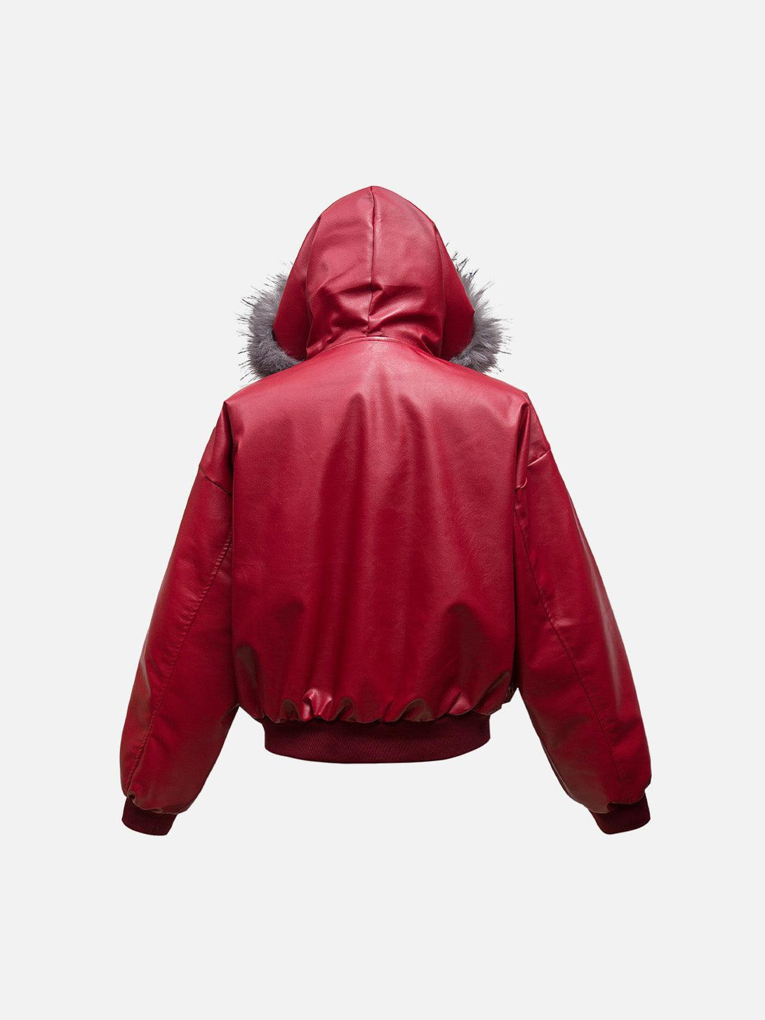 Back view of TALISHKO red PU leather jacket featuring a fur hood and stylish design.