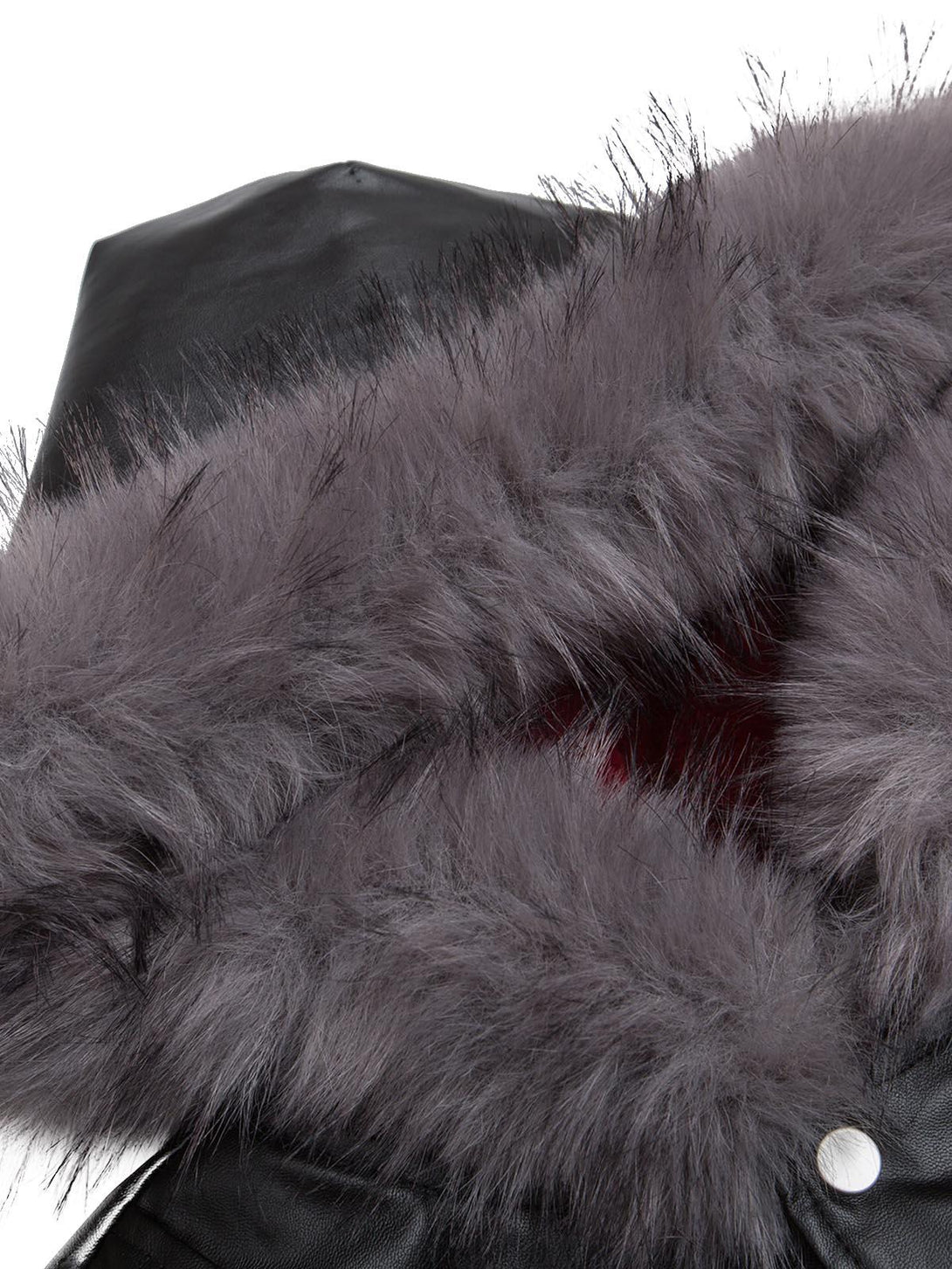 Focusing on the plush fur hood of a TALISHKO PU leather jacket, highlighting luxurious texture.
