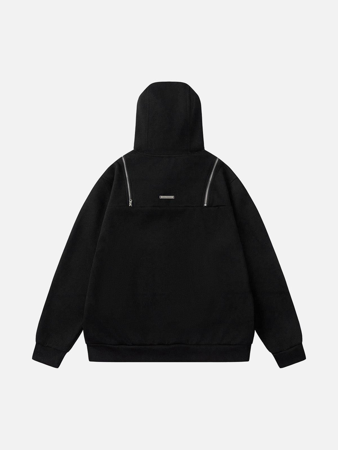 Back view of a black deconstructed hoodie with angular zips, crafted by TALISHKO for a sleek look.