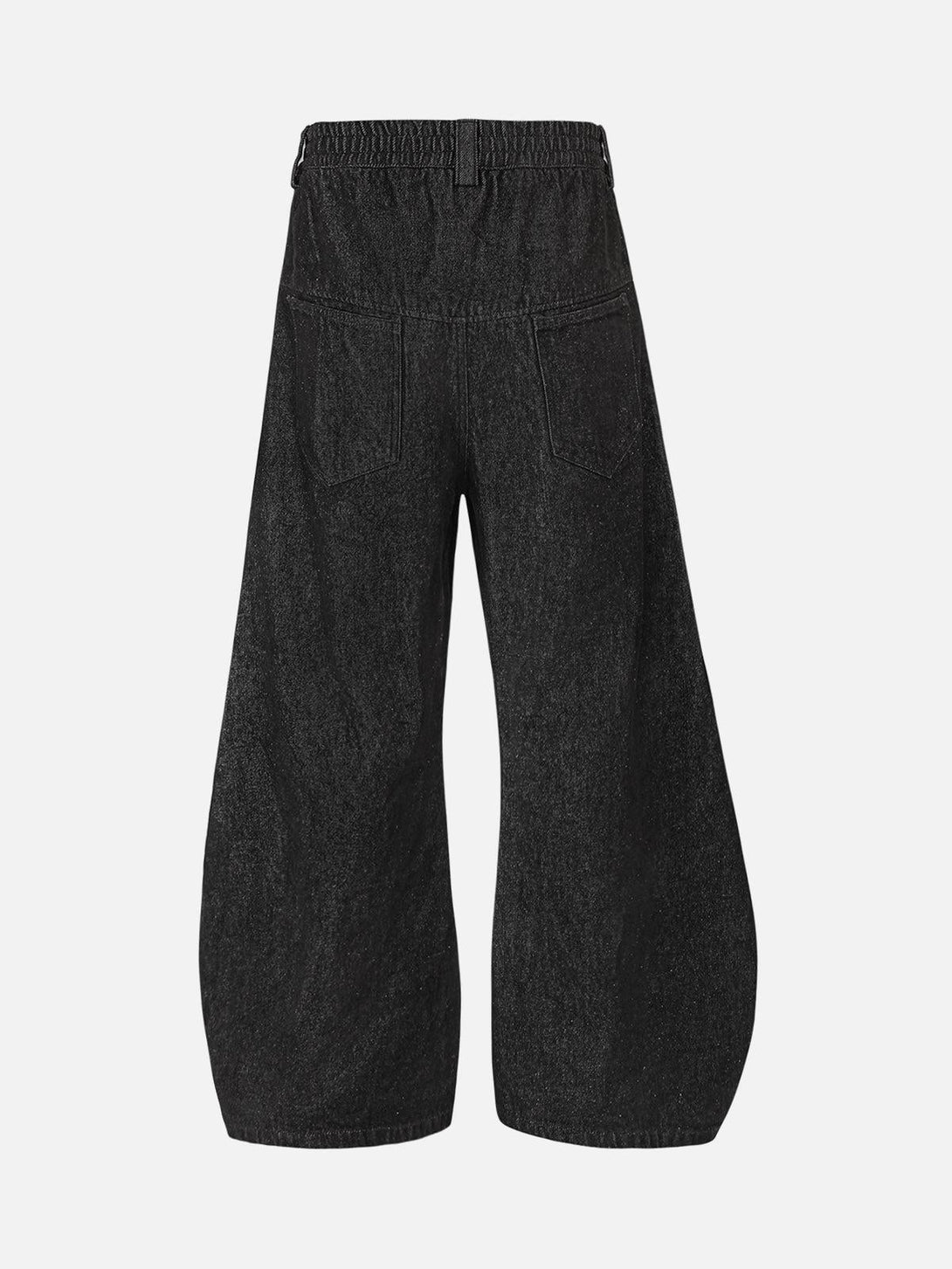 Back view of TALISHKO deconstructed scimitar jeans showcasing unique wide-leg silhouette.