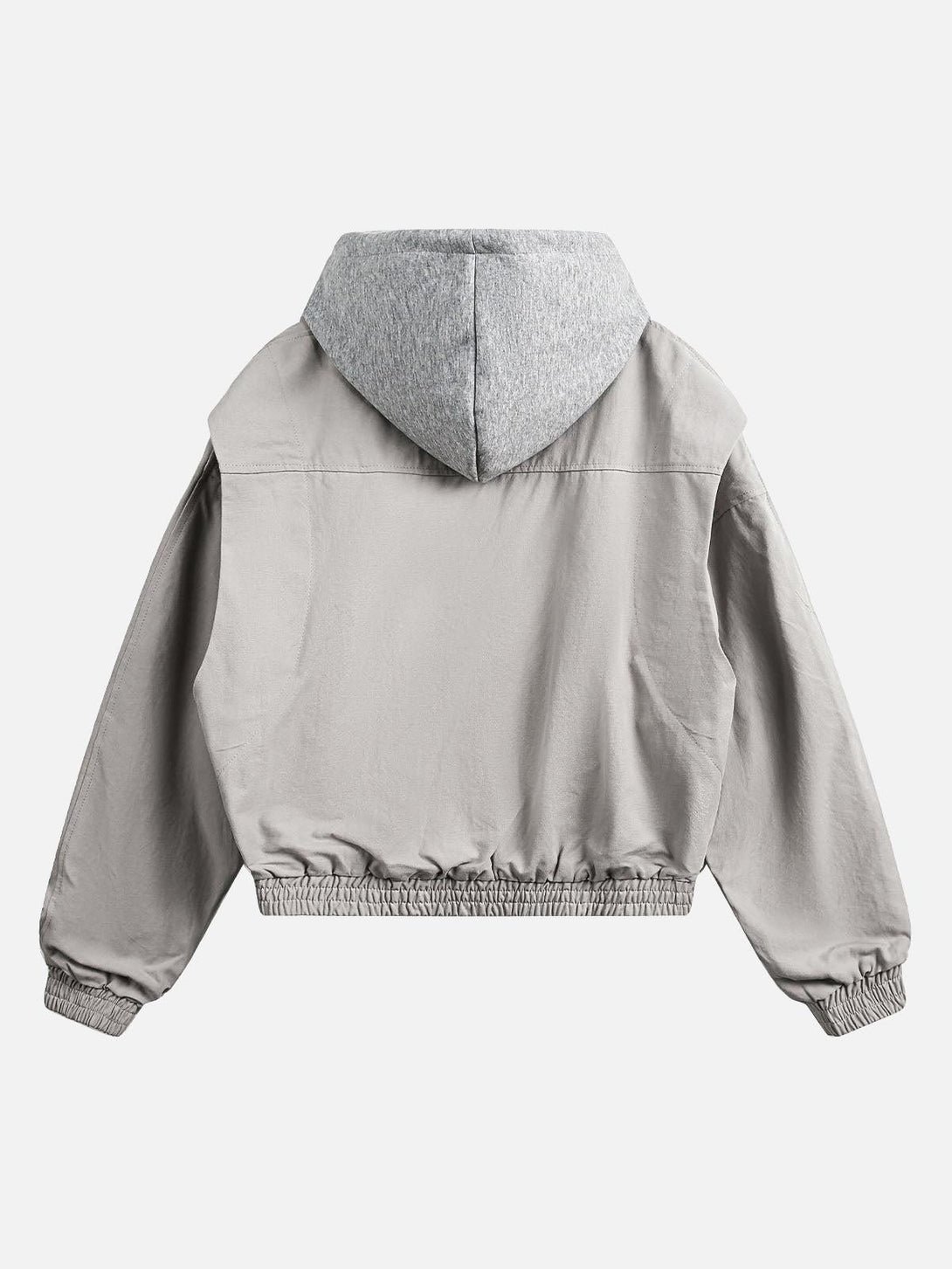 Back view of a gray hooded jacket by TALISHKO, highlighting a deconstructed, layered design.