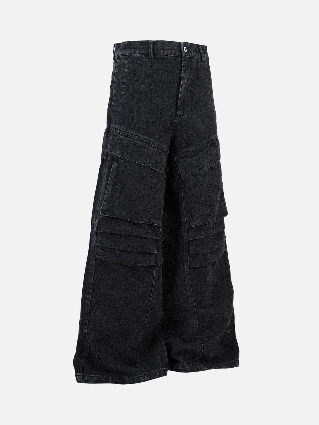 Wide-leg black cargo jeans with pleated pockets, side view by TALISHKO.
