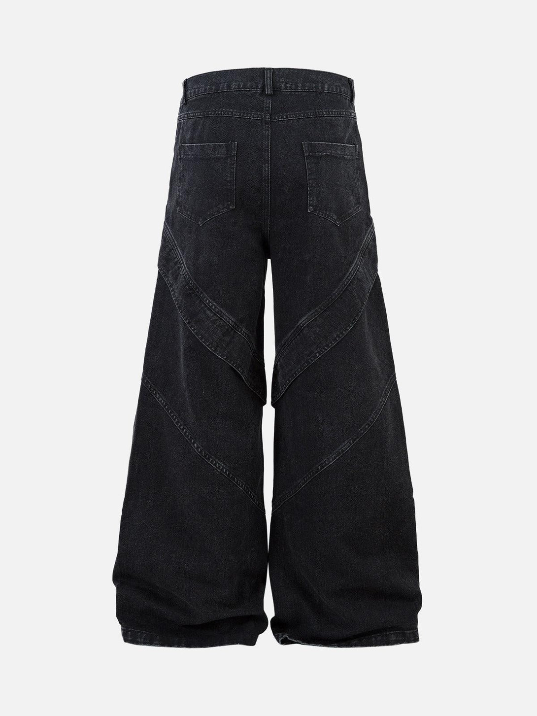 Back view of black deconstructed cargo jeans with unique stitching by TALISHKO.
