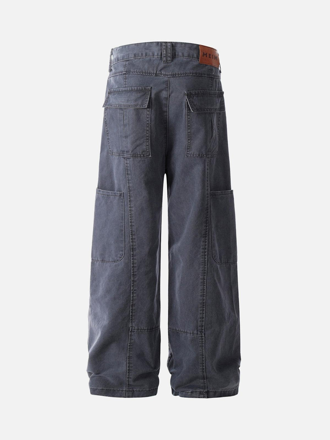 Back view of TALISHKO deconstructed split straight leg jeans, emphasizing functional pockets.