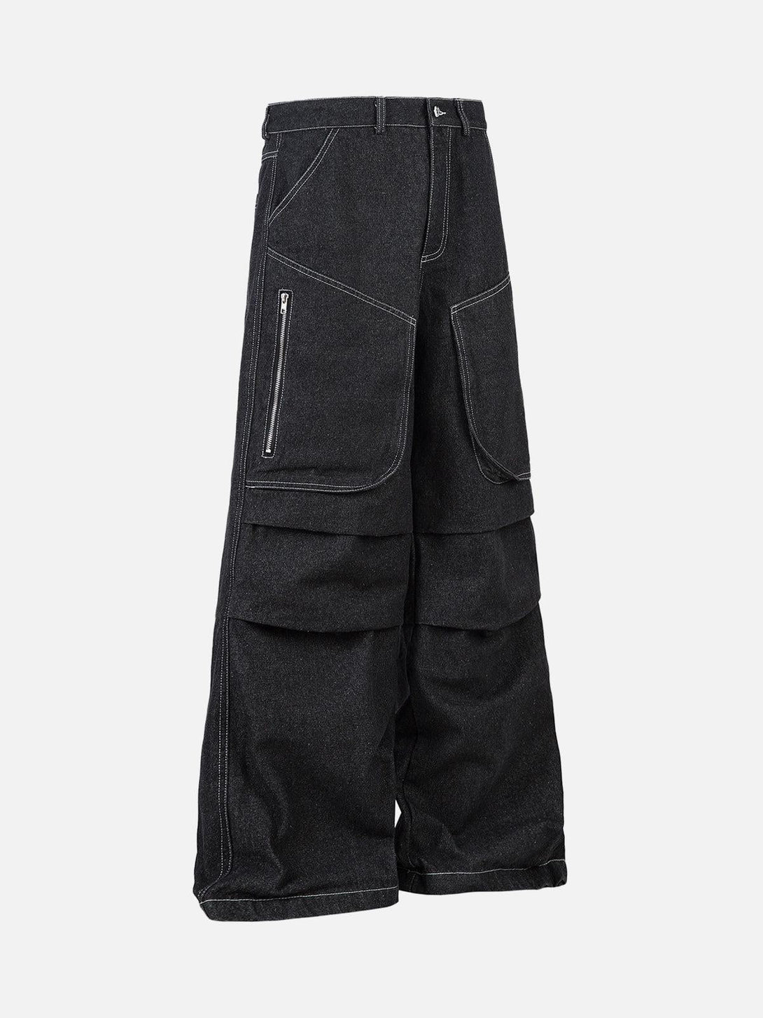 Side view of TALISHKO's deconstructed jeans, showcasing pleated design and detailed pockets.