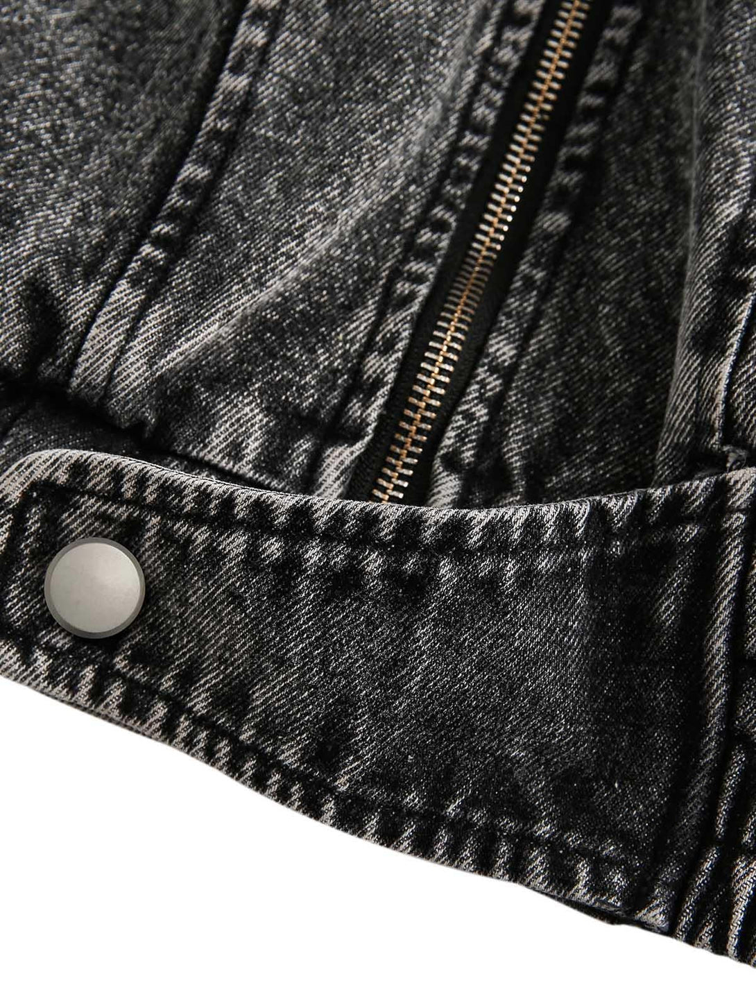 A tight crop highlighting TALISHKO's denim jacket button and zipper, showcasing rugged texture.