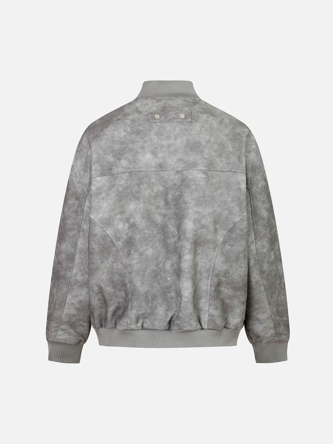 Back view of TALISHKO's gray leather bomber jacket, highlighting its deconstructed design.