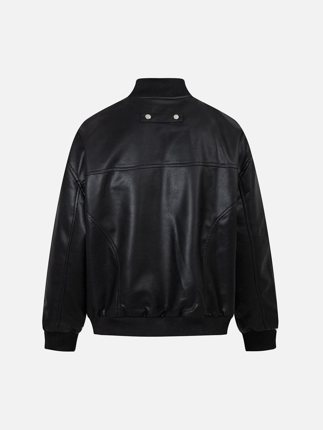 Back view of TALISHKO's deconstructed black leather bomber jacket, showcasing sleek style.