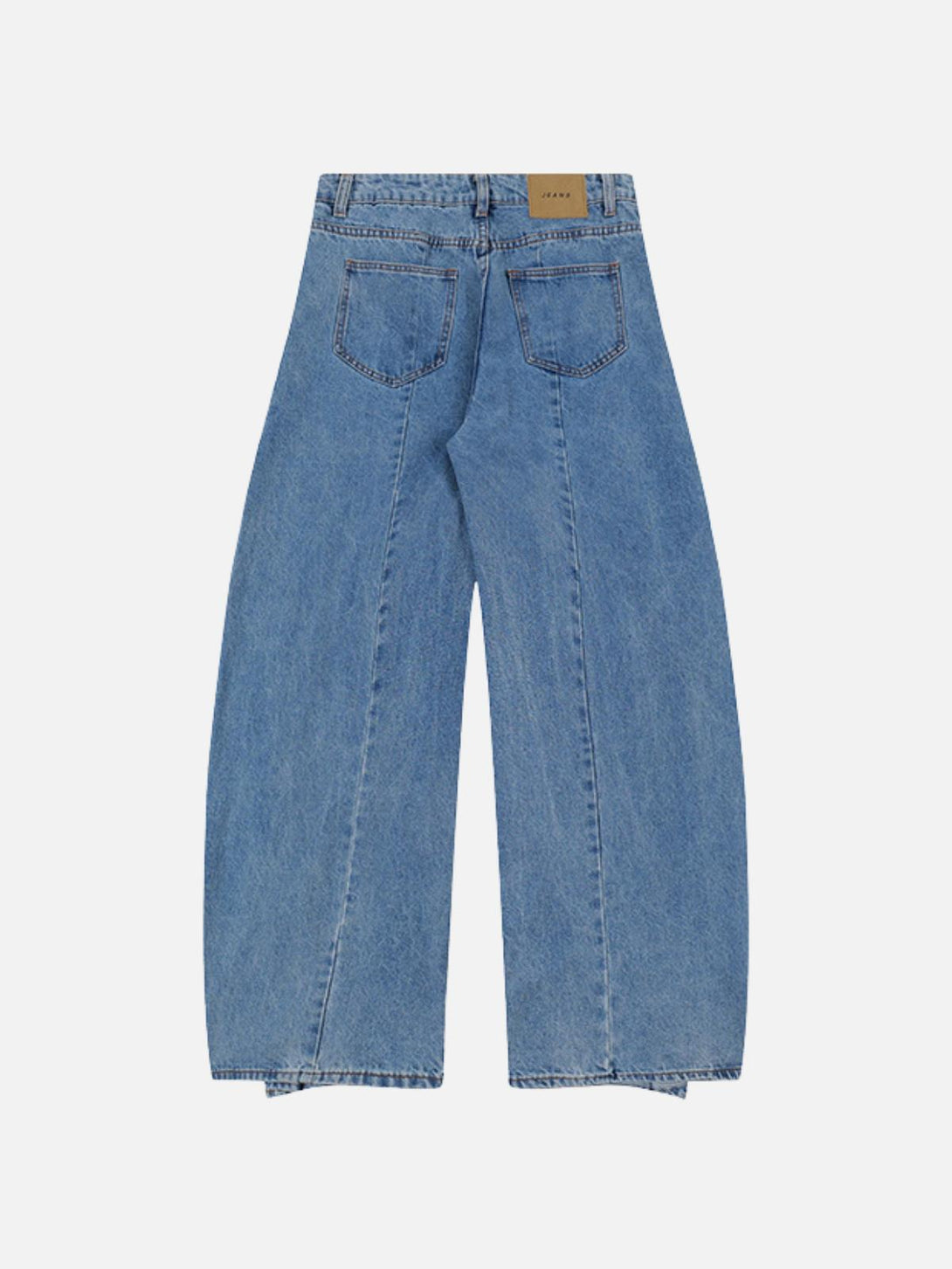 Back view of TALISHKO deconstructed loose jeans, highlighting their casual, relaxed fit.