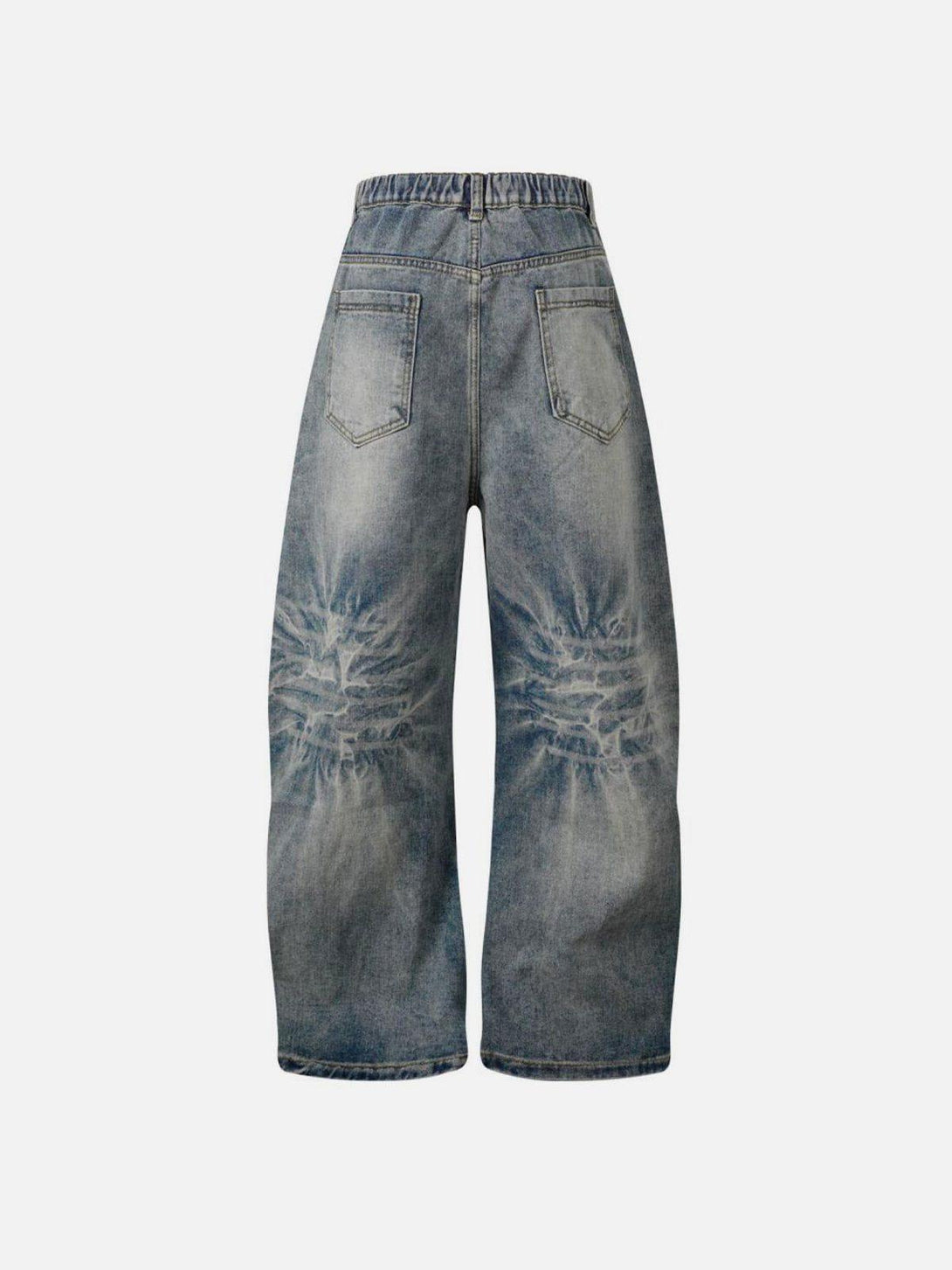 Back view of TALISHKO's washed loose jeans, showcasing unique deconstruction patchwork.