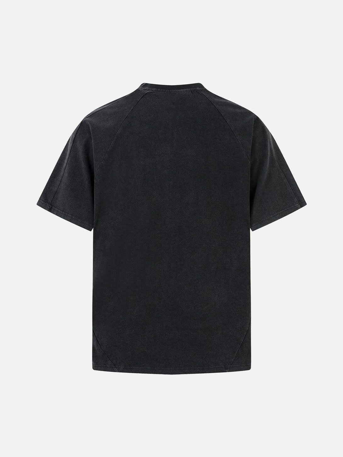 Back view of TALISHKO's deconstructed split T-shirt in black, showcasing unique stitching.