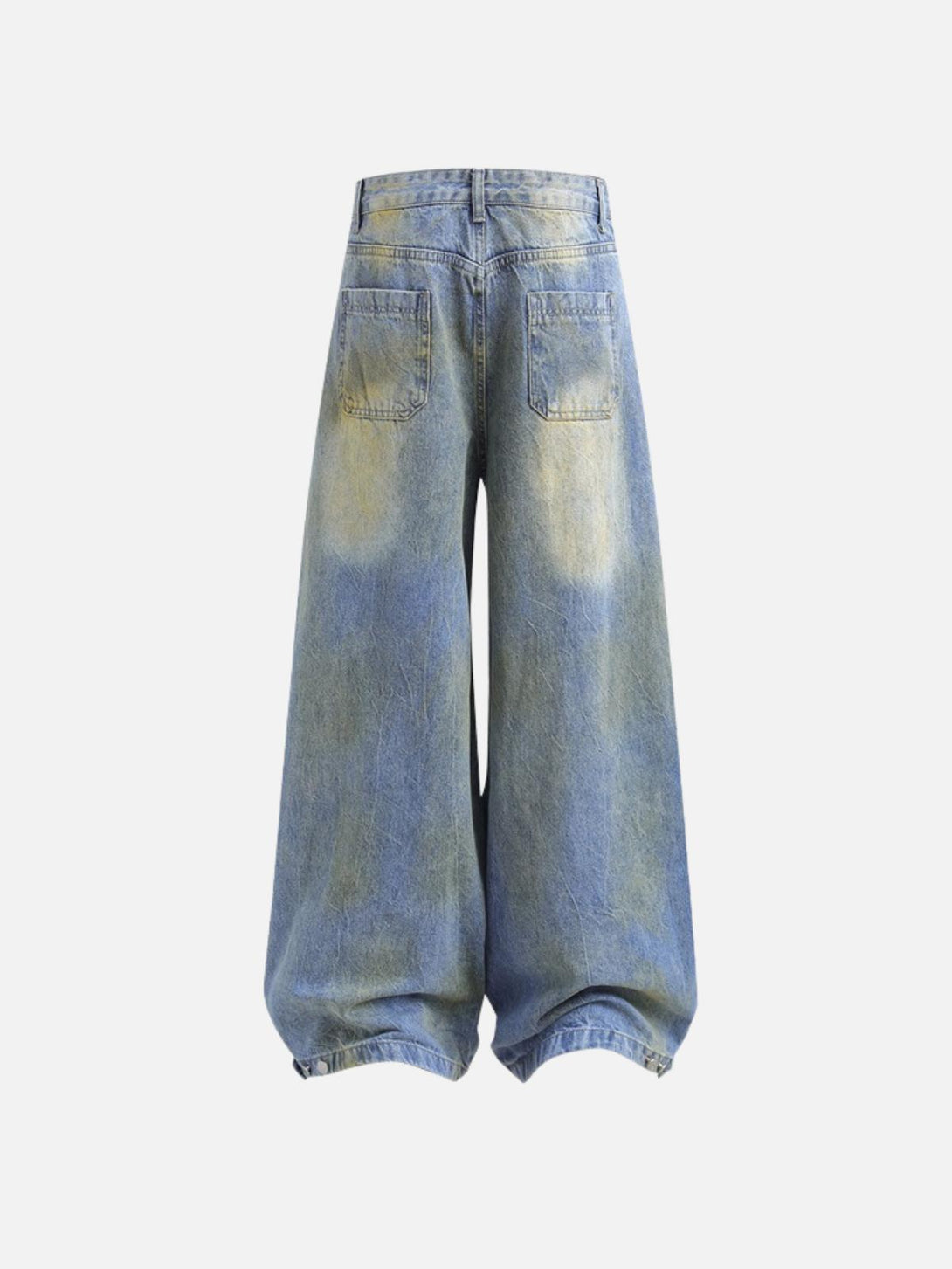 Back view of deconstructive patchwork jeans by TALISHKO, featuring a wide-leg fit.